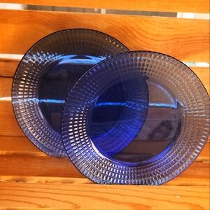 2 Vintage Fortecrisa Colbalt Blue Glass Mexican 7" Plates - Checkered Block Rim